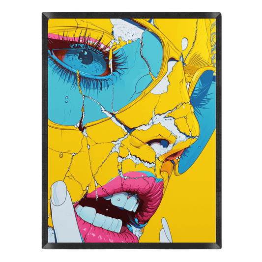 Vibrant pop art illustration featuring a close-up of a face with cracked, porcelain-like yellow skin peeling away to reveal cyan and hot pink tones underneath.