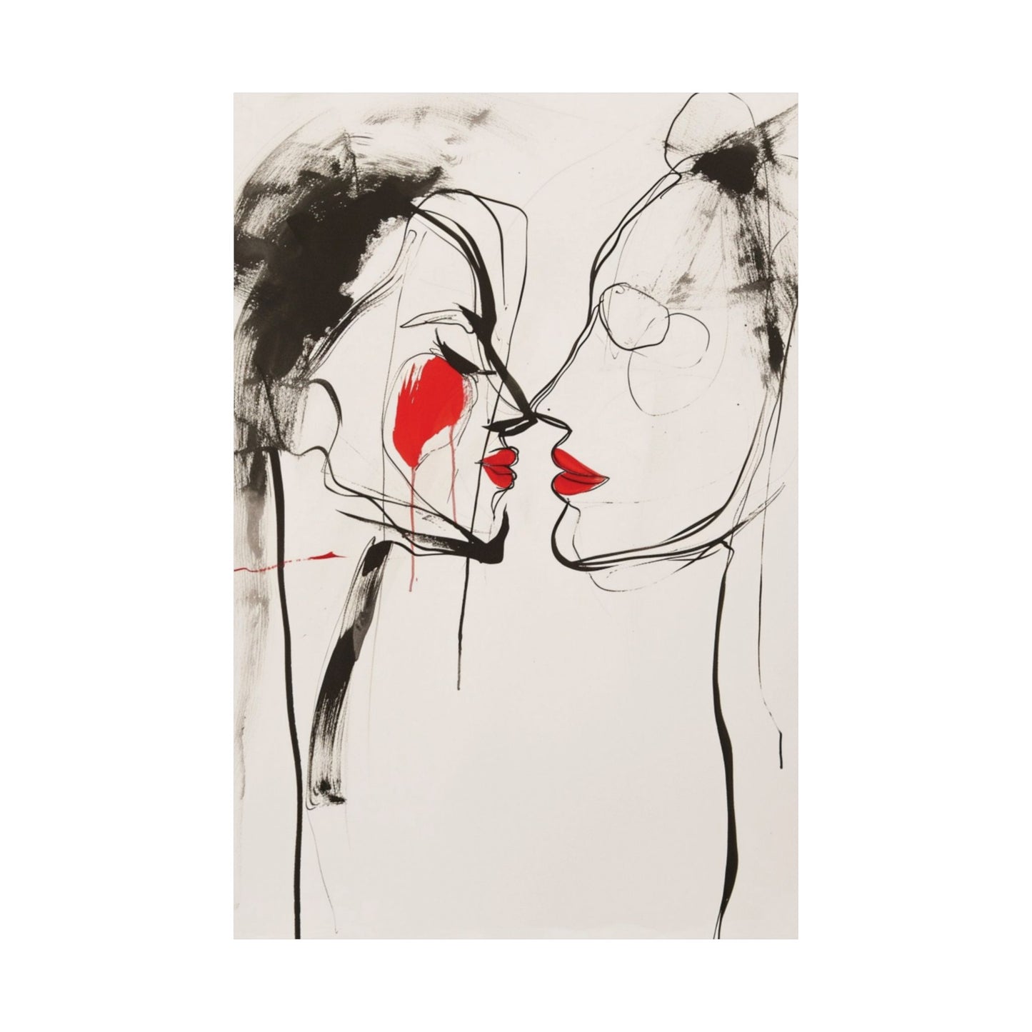 Red Kiss Line Art Printed Poster