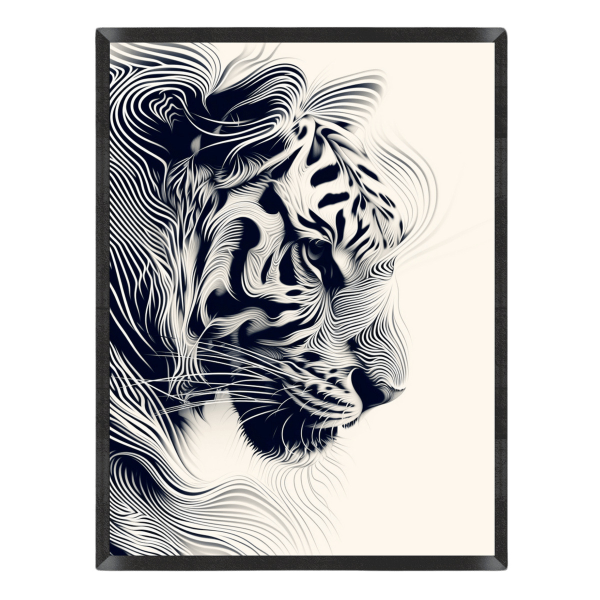 Framed artwork of a stylized tiger head with wavy lines on a white background