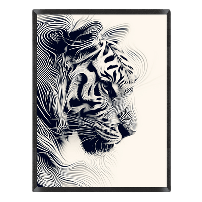 Framed artwork of a stylized tiger head with wavy lines on a white background