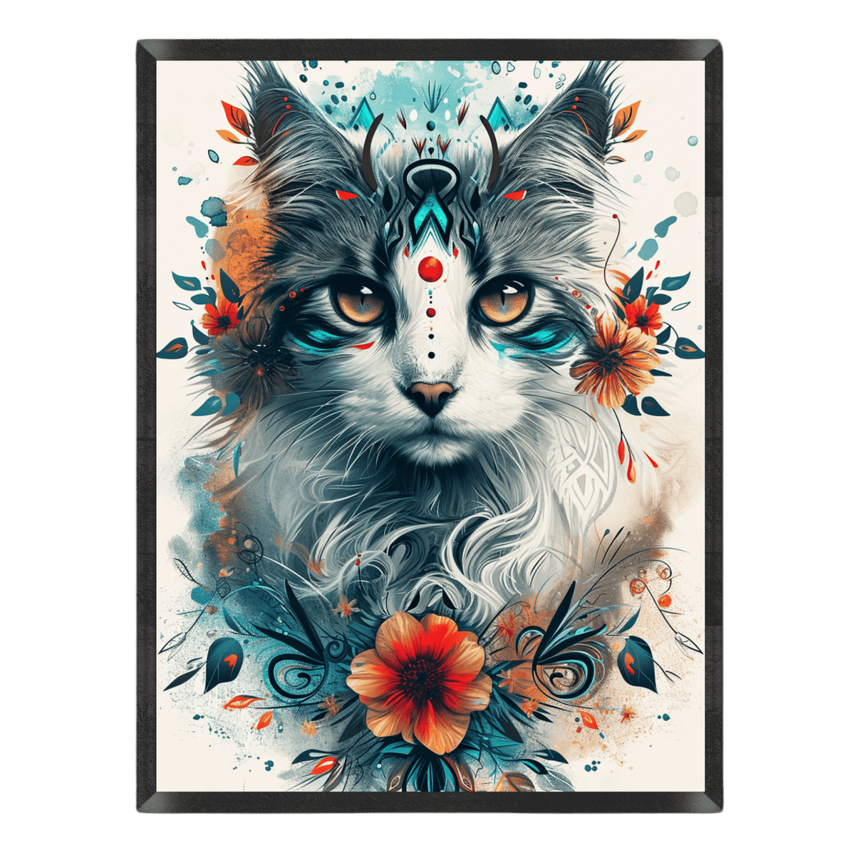 Colorful artwork of a stylized cat face with floral and feather designs on a white background.
