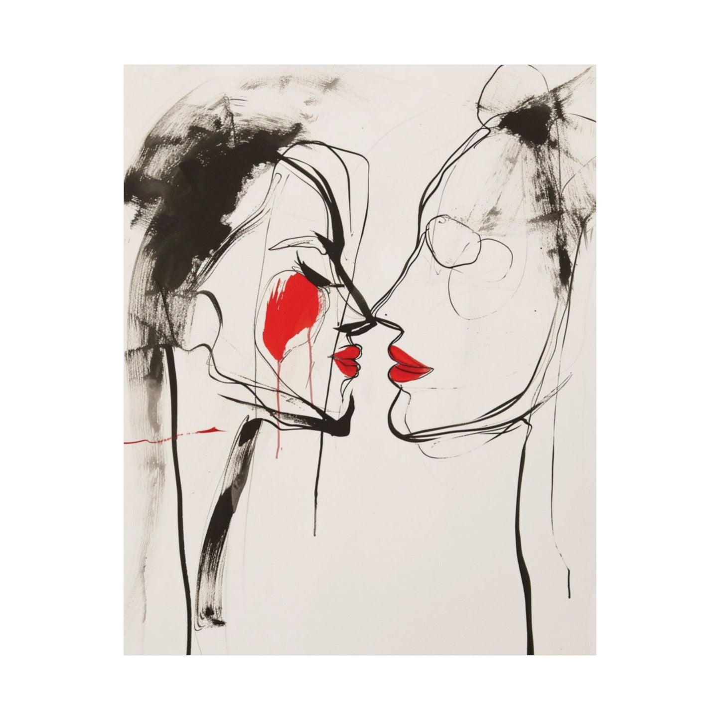 Red Kiss Line Art Printed Poster