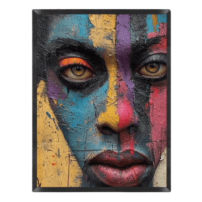Expressive portrait art print featuring a close-up of a face covered in weathered, cracked paint with bold sections of blue, yellow, purple, and red, highlighting intense brown eyes and dark lips.