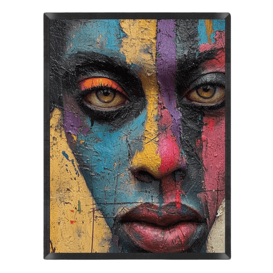 Expressive portrait art print featuring a close-up of a face covered in weathered, cracked paint with bold sections of blue, yellow, purple, and red, highlighting intense brown eyes and dark lips.