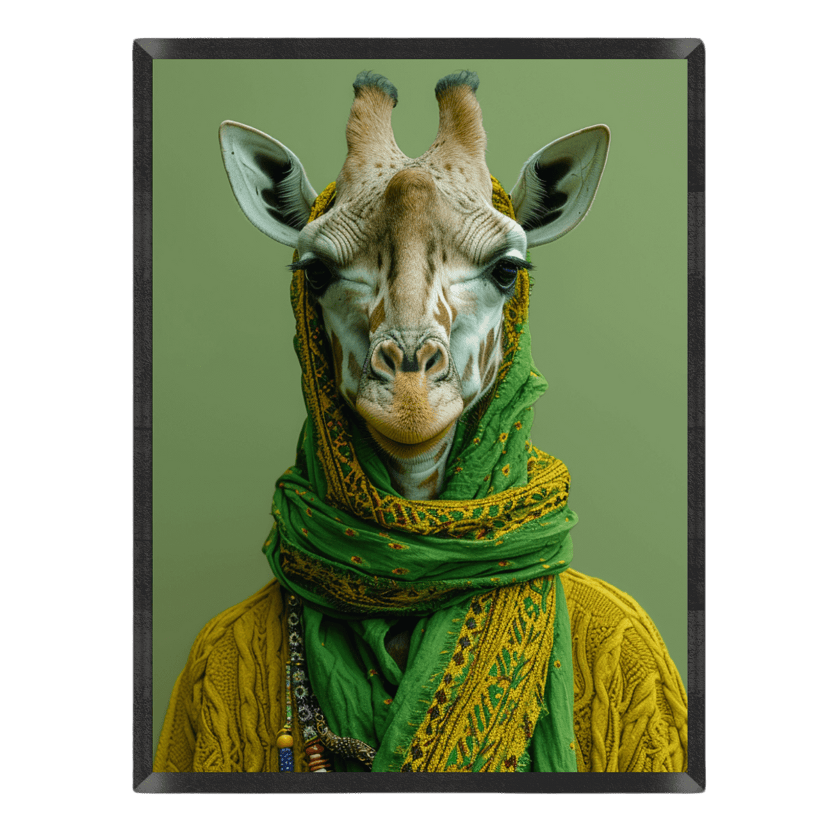Quirky portrait art print featuring a giraffe wearing a mustard yellow knit sweater and a patterned green and gold scarf wrapped around its head, set against a muted green background.